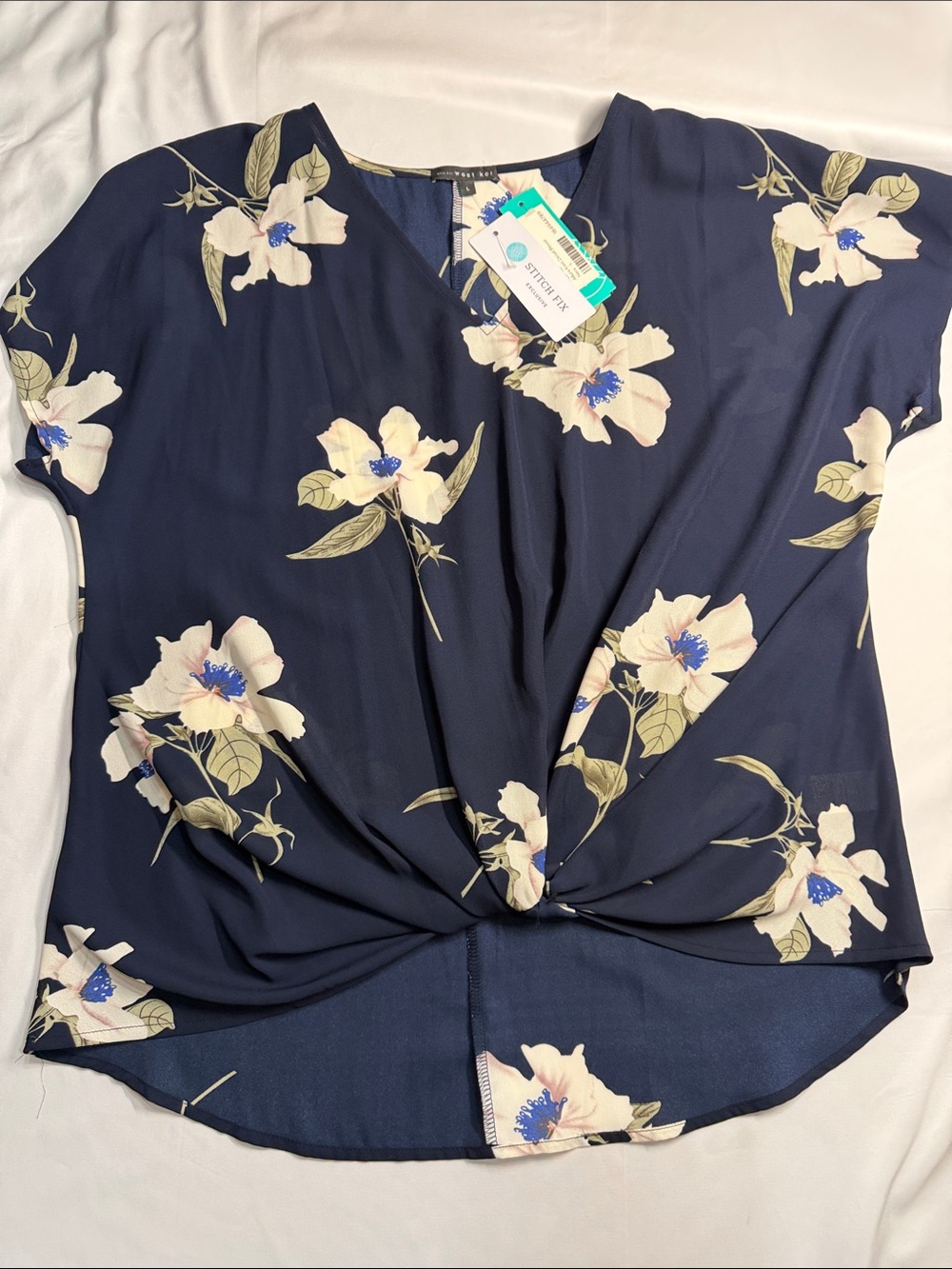West Kei Navy Floral Twist-Front Blouse